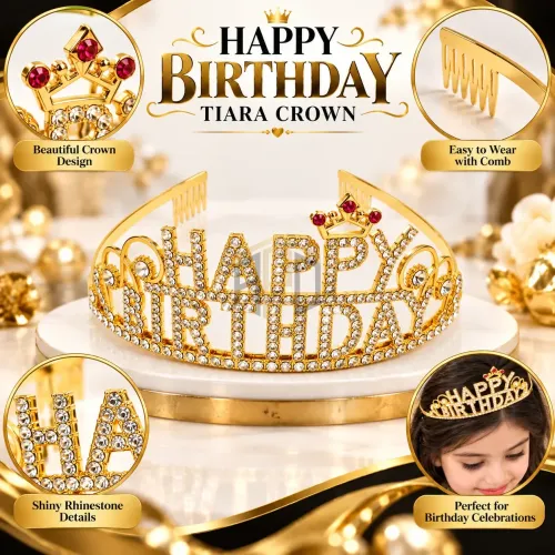 Happy Birthday Tiara – Golden Rhinestone Birthday Crown