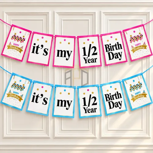 It’s My 1/2 Year Birthday Banner – Pink Girl & Blue Boy Birthday Bunting