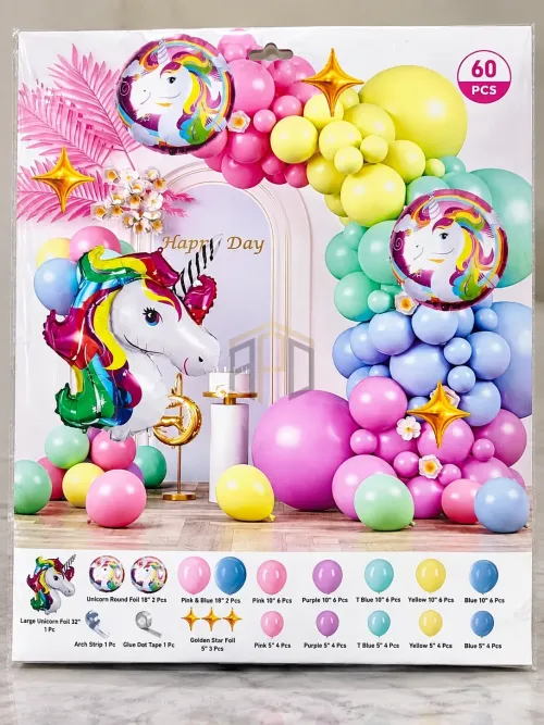 60Pcs Unicorn Birthday Balloon Decoration Set – Rainbow Unicorn Theme