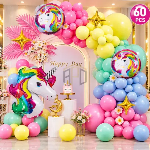 60Pcs Unicorn Birthday Balloon Decoration Set – Rainbow Unicorn Theme