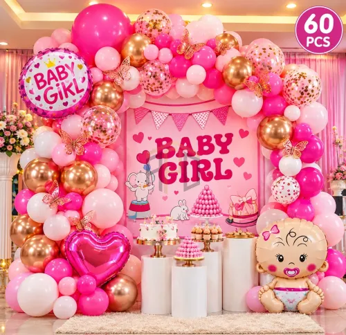 60Pcs Baby Girl Balloon Decoration Set – Pink Baby Shower Party Theme