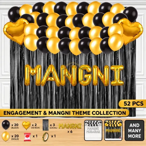52Pcs Mangni Decoration Set – Black & Golden/Silver Engagement Party Theme