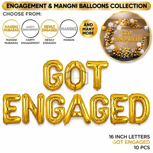 Got Engaged Foil Balloons 10Pcs – 16 Inch Golden & Silver Engagement Letters