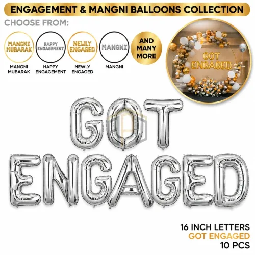 Got Engaged Foil Balloons 10Pcs – 16 Inch Golden & Silver Engagement Letters