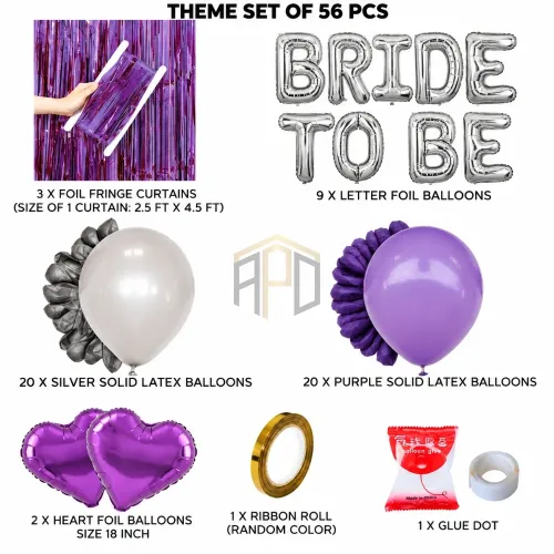 Bride to Be Balloon Decoration Set – Purple & Silver, 56 Pcs