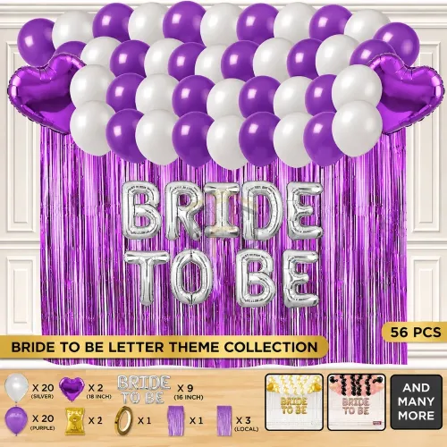 Bride to Be Balloon Decoration Set – Purple & Silver, 56 Pcs