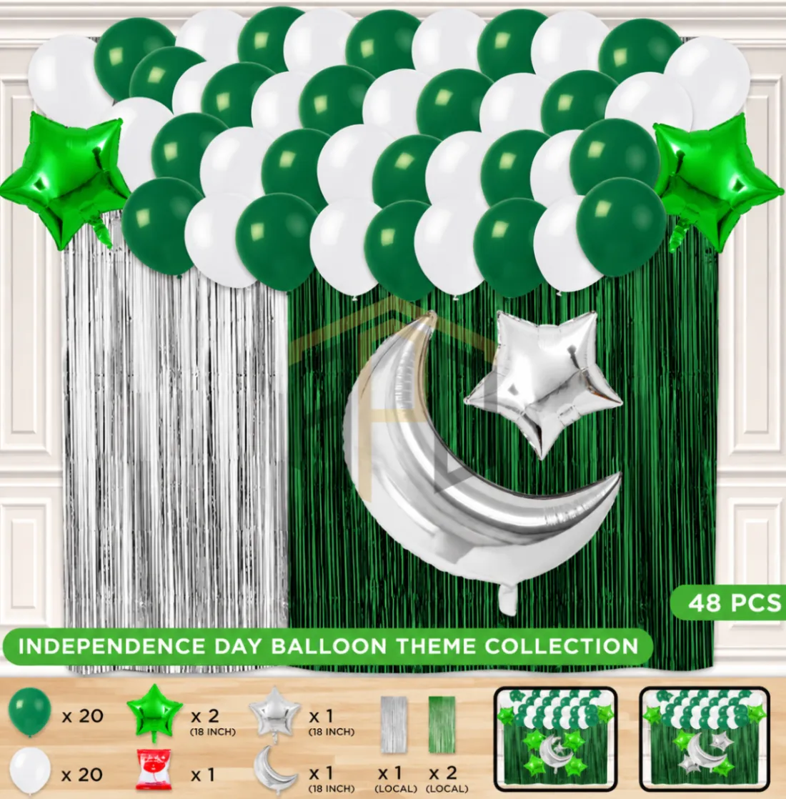 Pakistan Independence Day Balloon Decoration Kit with Moon Star Foil Balloons | 48 PCS 14 August Party Decoration Set