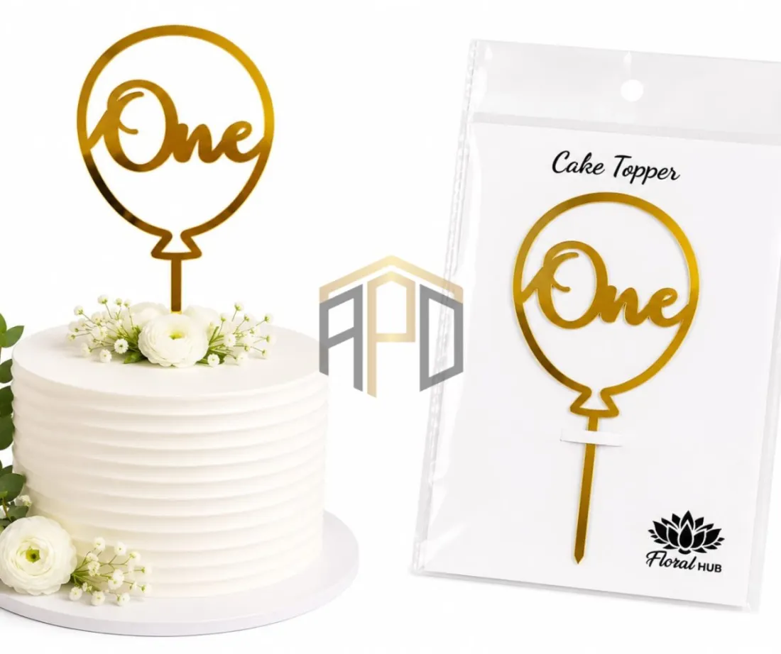 One Balloon Cake Topper – Premium Gold Acrylic First Birthday Cake Decoration