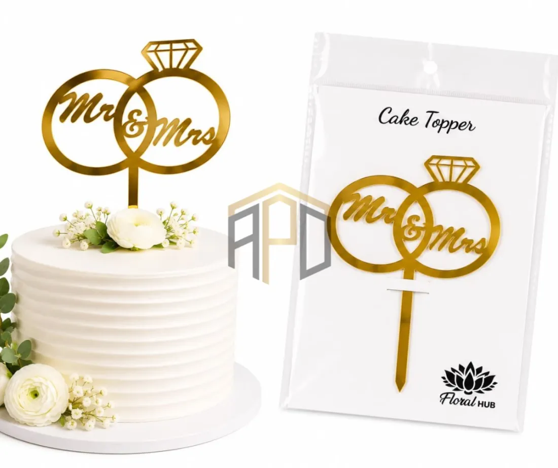 Mr & Mrs Ring Cake Topper – Premium Gold Acrylic Wedding Cake Decoration