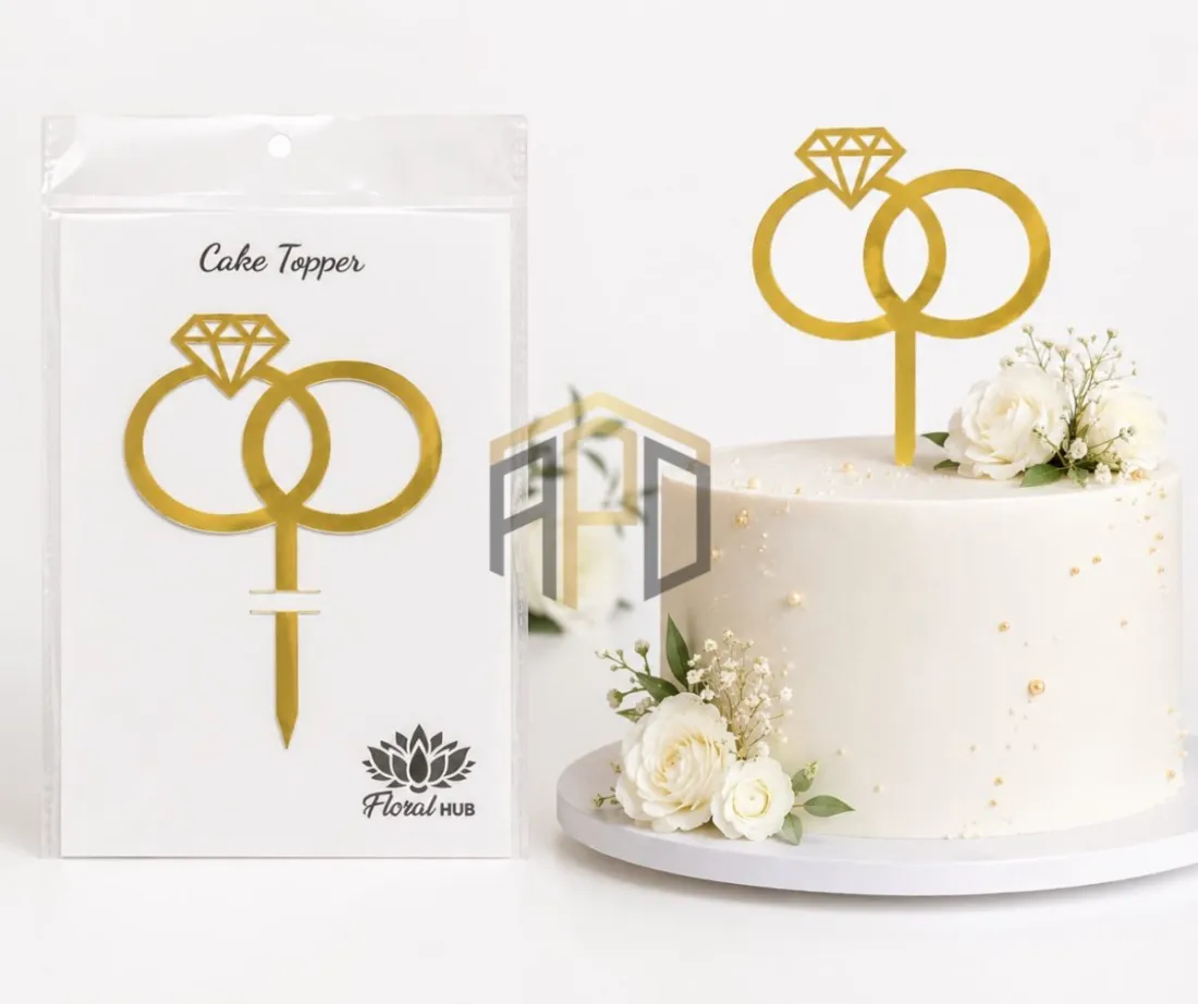 Wedding Rings Cake Topper – Golden Acrylic Engagement & Wedding Cake Decoration Topper
