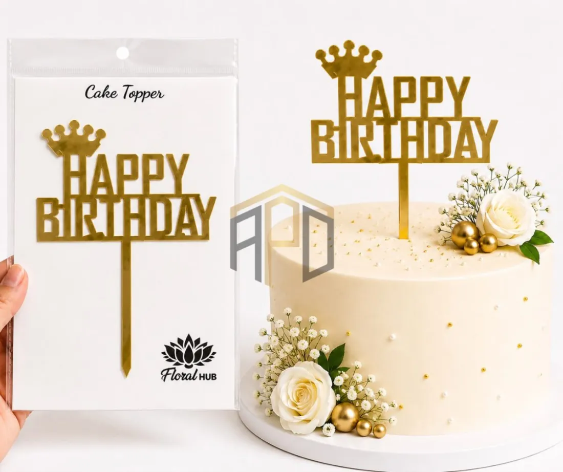 Happy Birthday Acrylic Cake Topper – Golden Mirror Finish | Birthday Cake Decoration