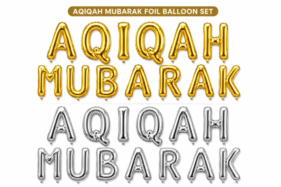 Aqiqah Mubarak Letter Foil Balloon Banner Set 16 Inch | Gold & Silver Party Decoration Balloons