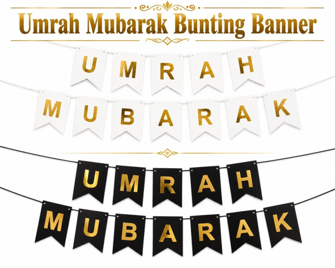 Umrah Mubarak Banner Decoration – Gold Letter Hanging Banner | White & Black Color | Islamic Party Decoration