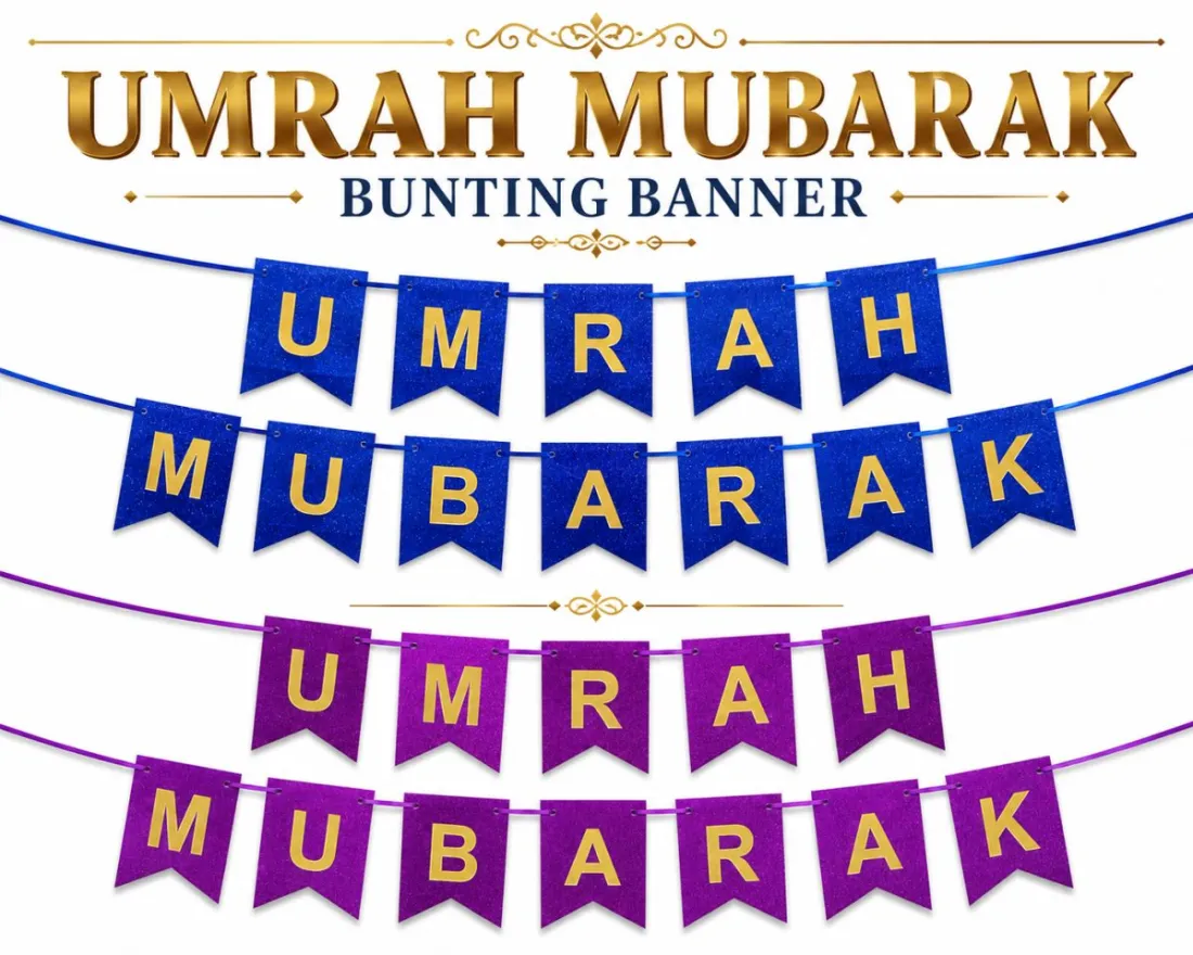 UMRAH MUBARAK Glitter Banner – Premium Glitter Card Hanging Decoration (Blue & Purple)
