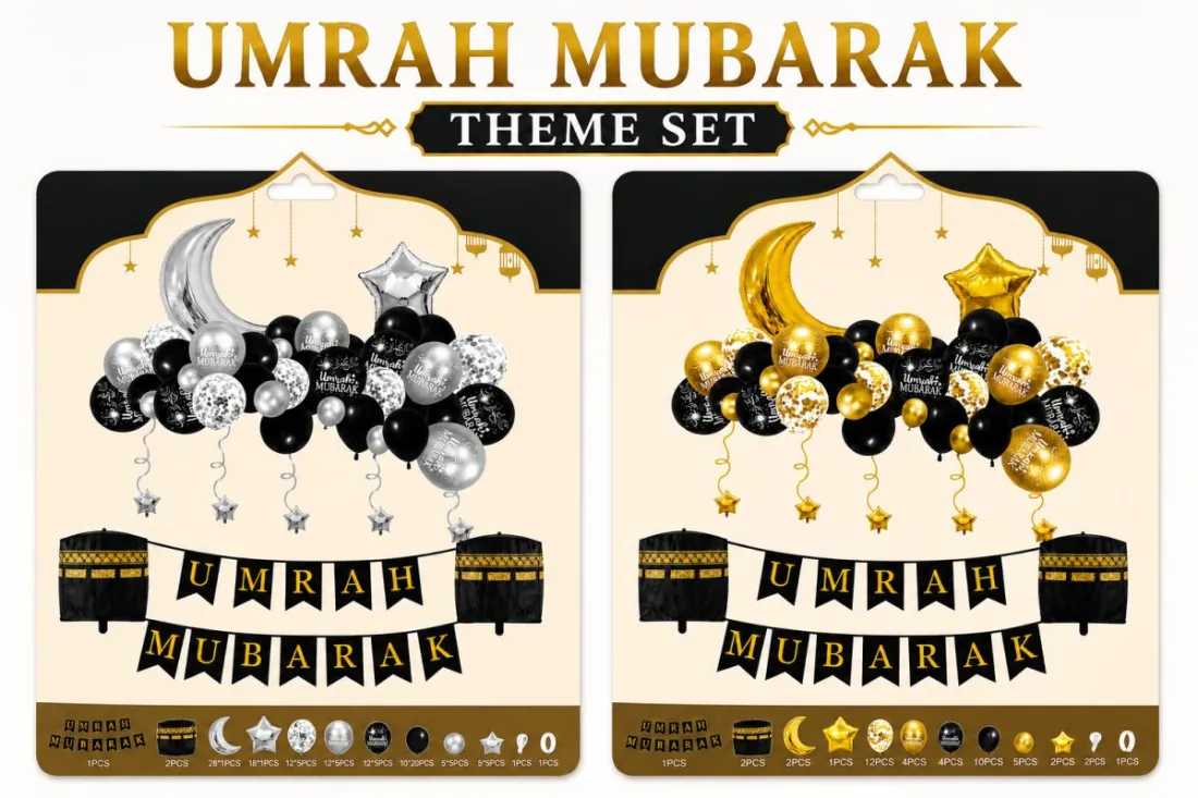 Umrah Mubarak Balloon Decoration Kit with Banner, Moon & Star Foil Balloons | Gold & Silver Islamic Party Decoration Set