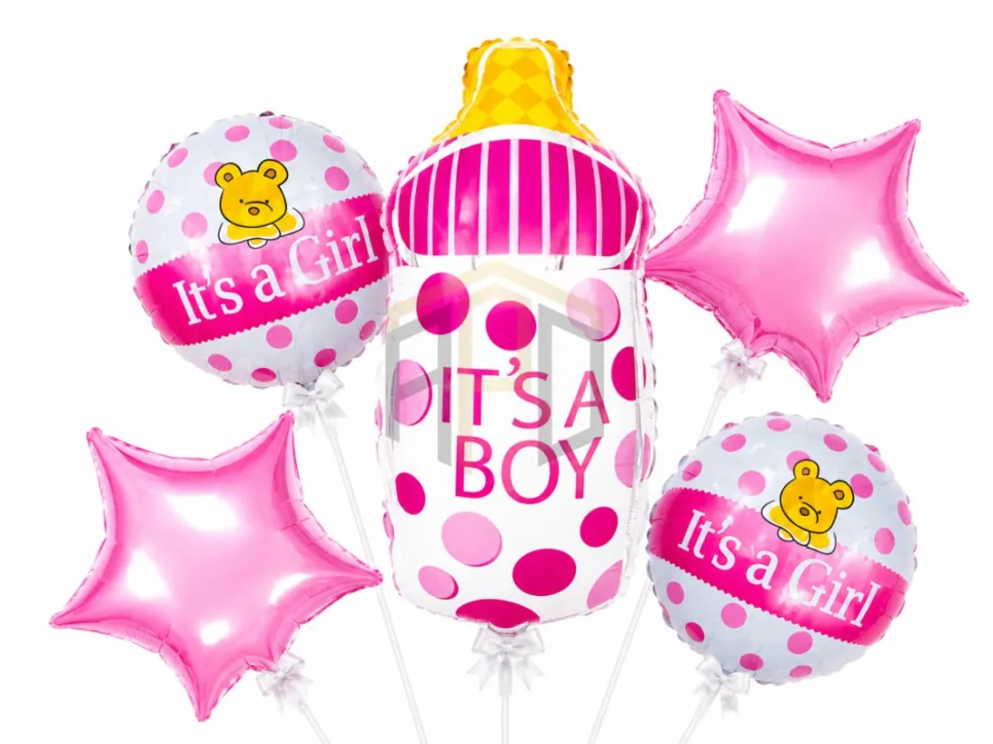 It's a Girl Baby Bottle Foil Balloon Set with Pink Star Balloons – Newborn Baby Girl Welcome Decoration Kit