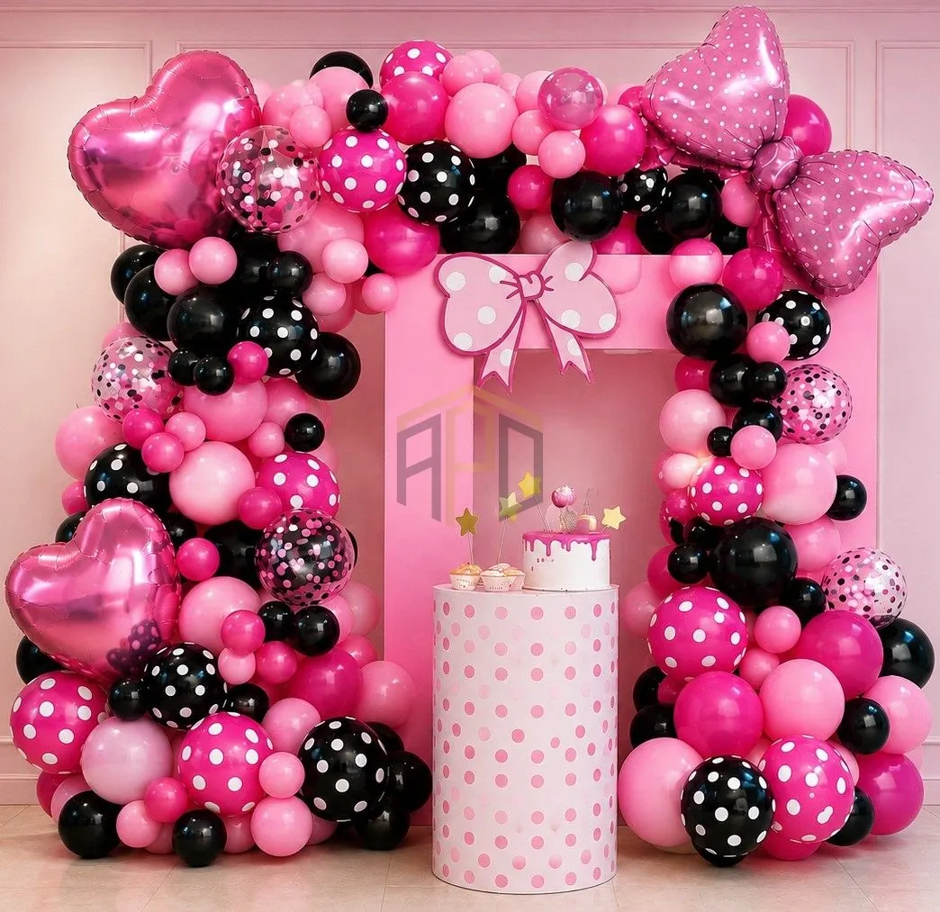 Minnie Mouse Pink & Black Balloon Garland Decoration Kit with Bow Foil Balloons