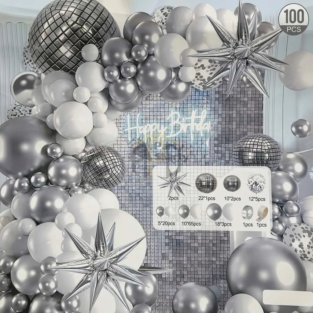 100 Pcs Silver White Balloon Garland Theme Set - Party Decoration