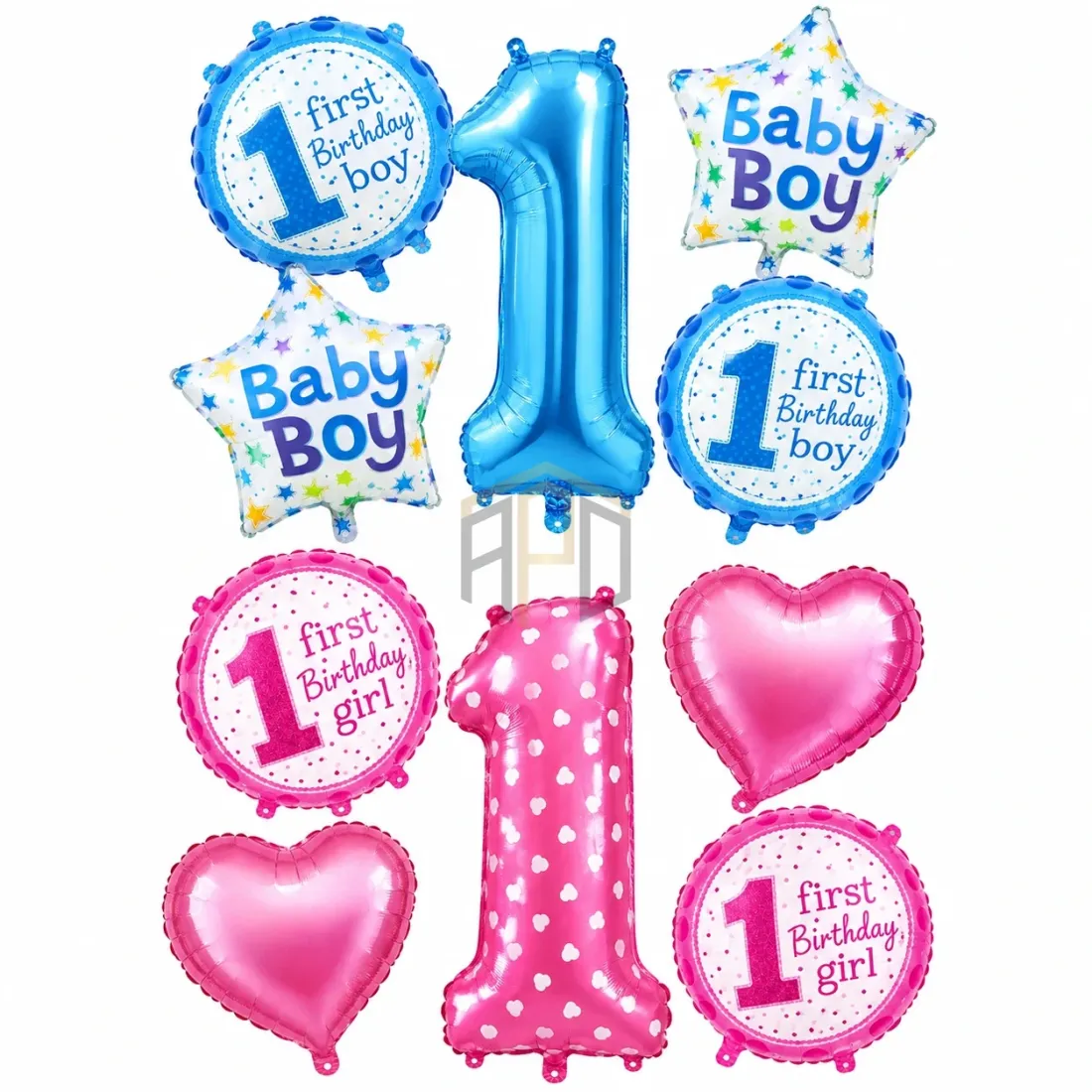 1st Birthday Foil Balloons Set 5 Pcs | Pink Girl & Blue Boy Birthday Decoration Balloons