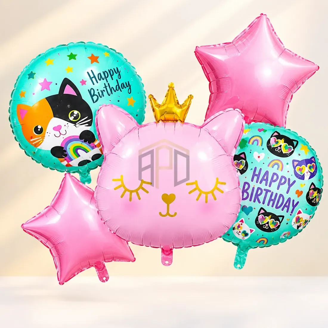 Pink Cat Happy Birthday Foil Balloons Set – 5 Pcs