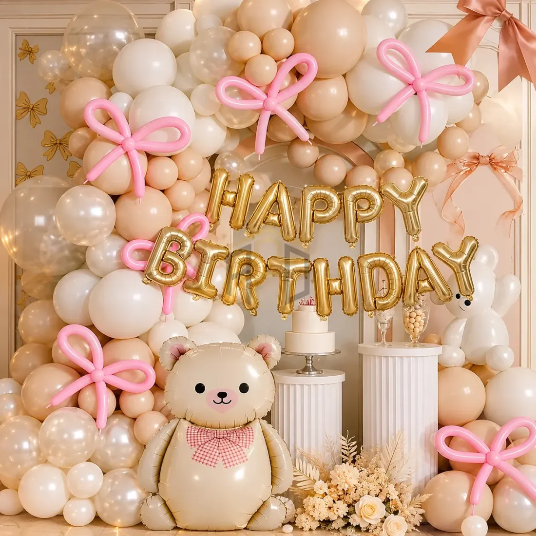 Happy Birthday Balloon Decoration Set – White, Gold & Pink Party Decor 75pcs