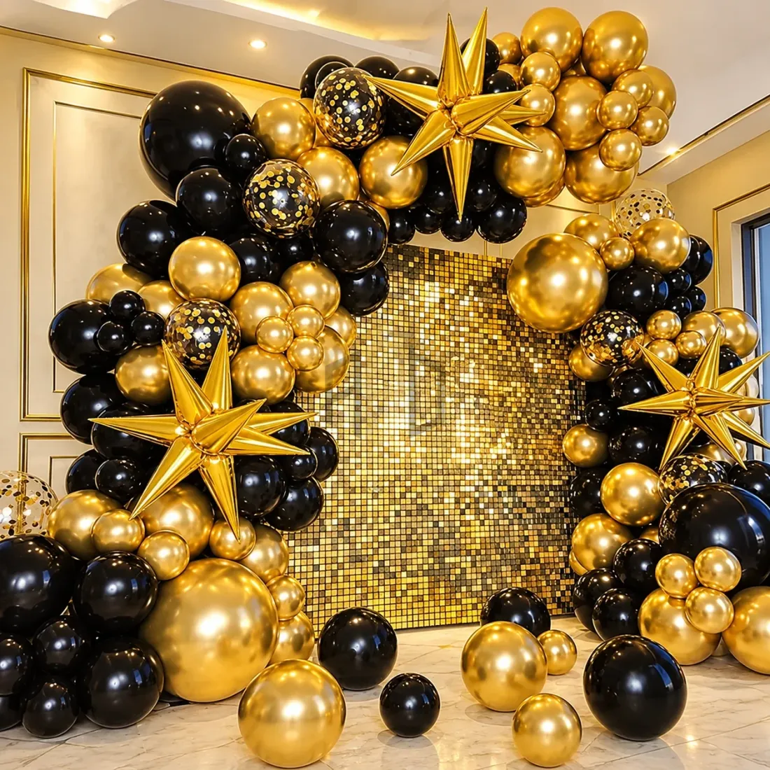 100Pcs Black & Metallic Gold Balloon Arch Kit with Explosion Star Balloons