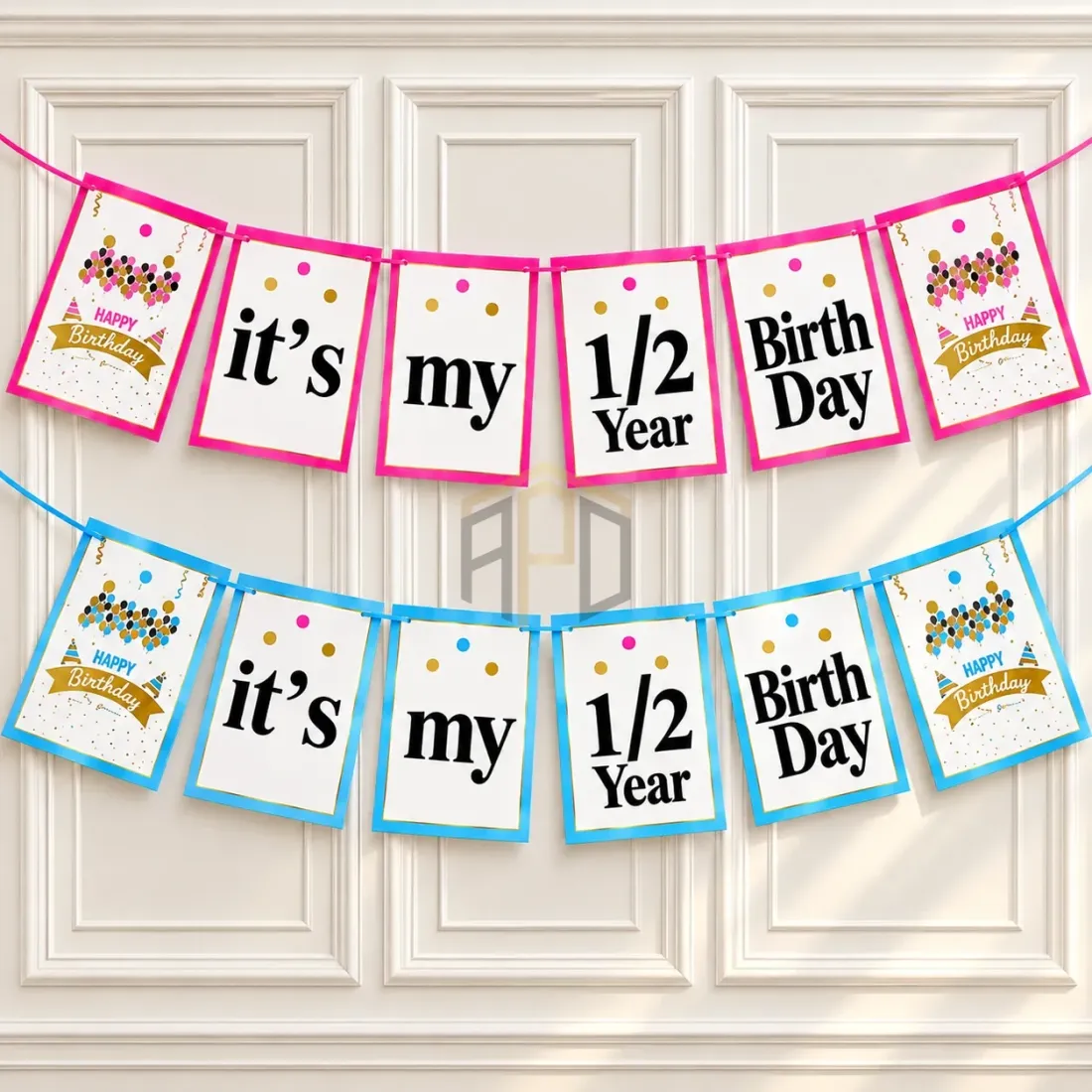 It’s My 1/2 Year Birthday Banner – Pink Girl & Blue Boy Birthday Bunting