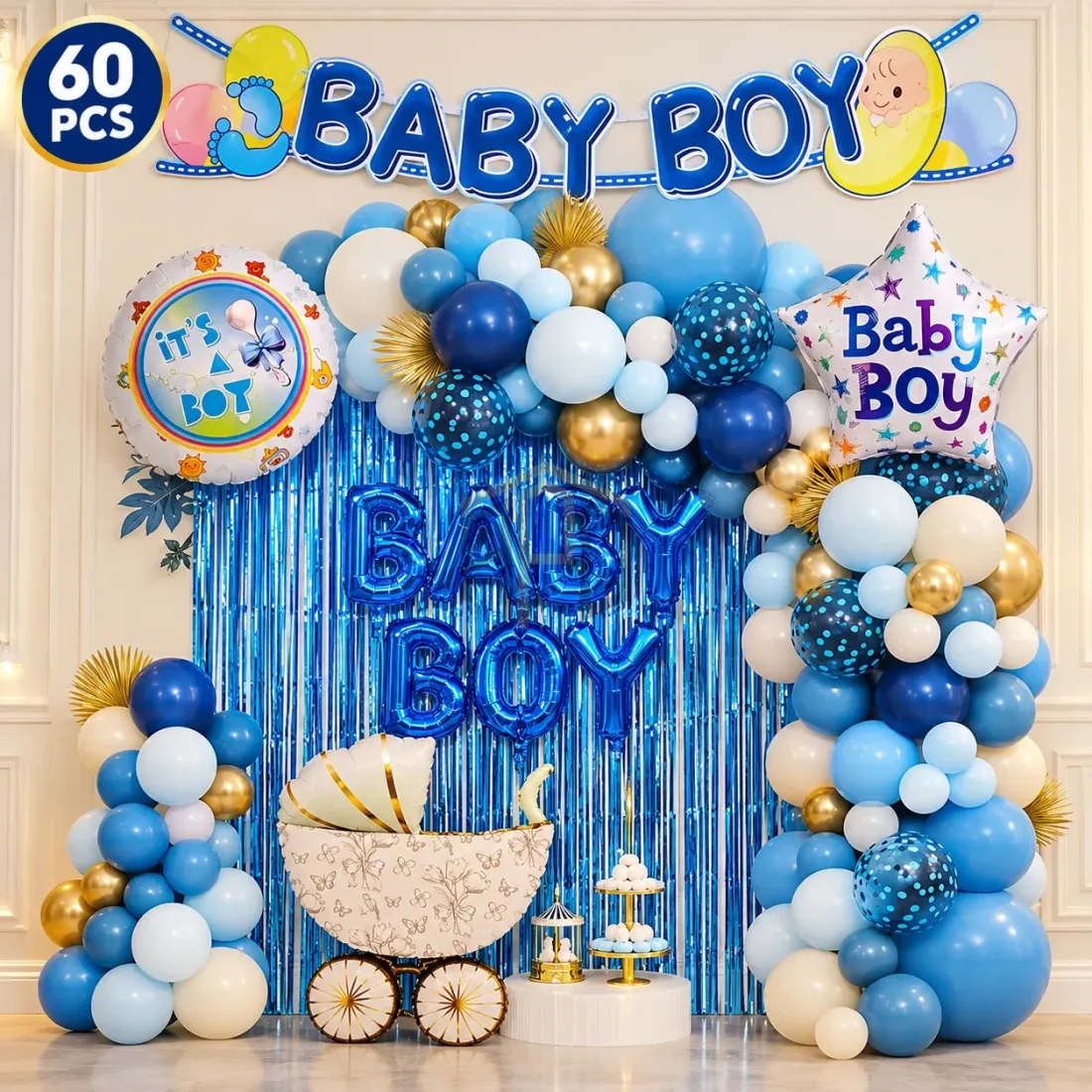 60Pcs Baby Boy Balloon Decoration Theme Set – Blue Baby Shower Party Kit