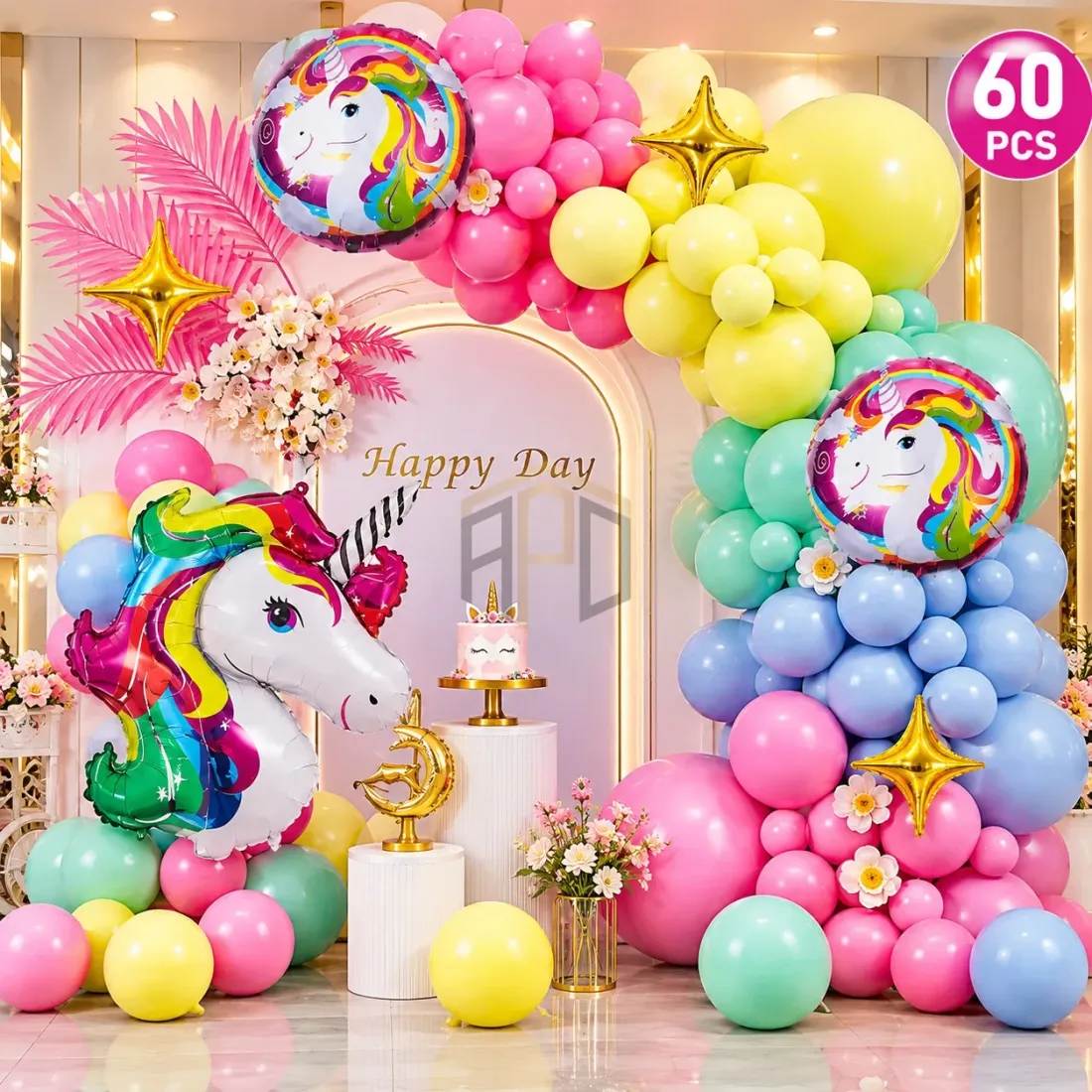 60Pcs Unicorn Birthday Balloon Decoration Set – Rainbow Unicorn Theme