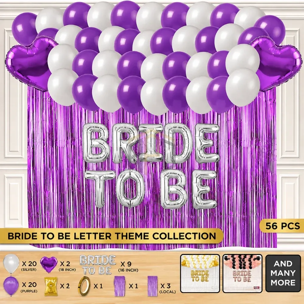 Bride to Be Balloon Decoration Set – Purple & Silver, 56 Pcs