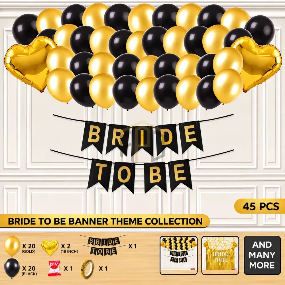 Bride to Be Banner Decoration Set – Black & Gold, 45 Pcs